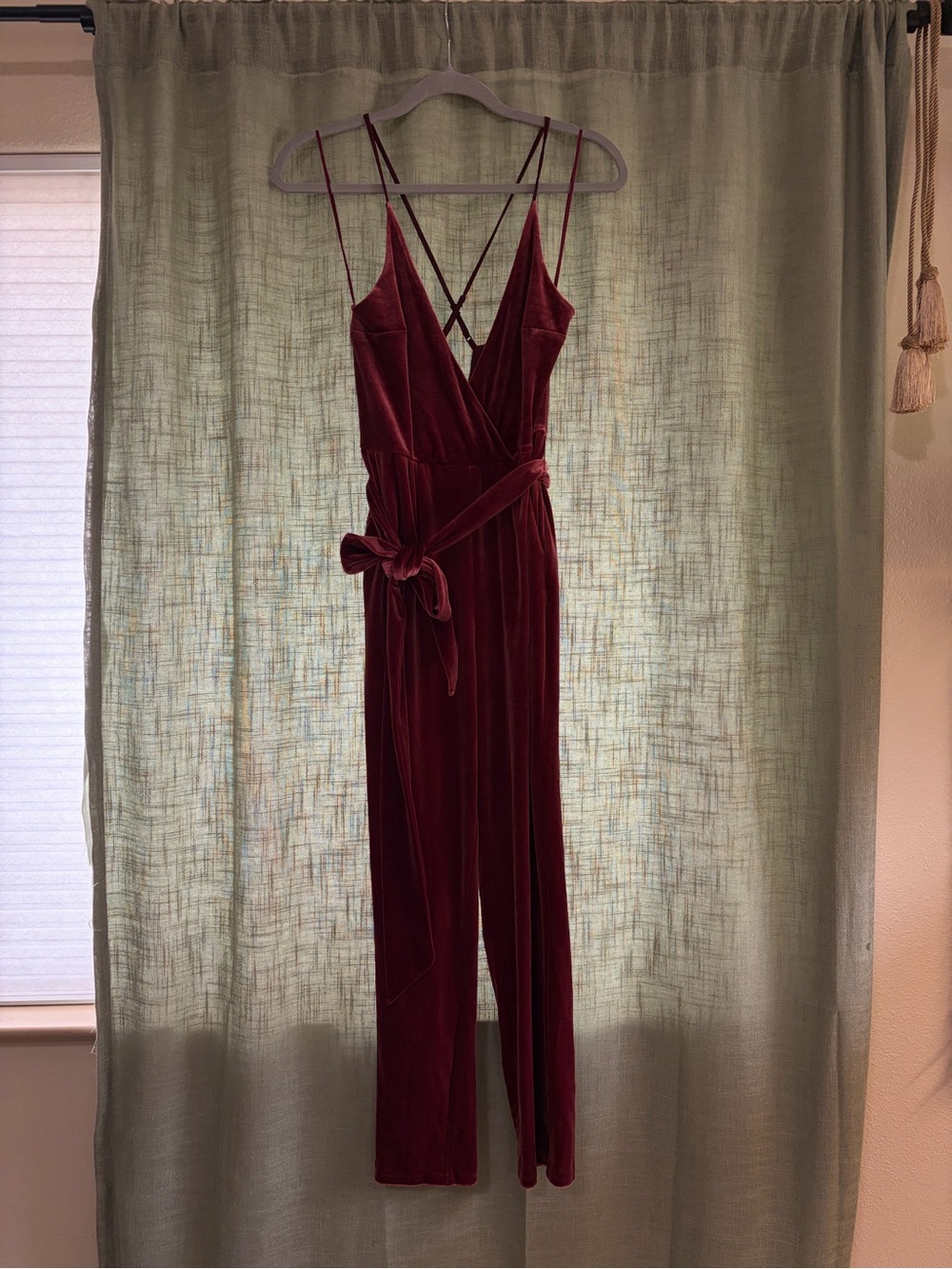 Express Burgundy Velvet Wrap Jumpsuit with Tie Belt
